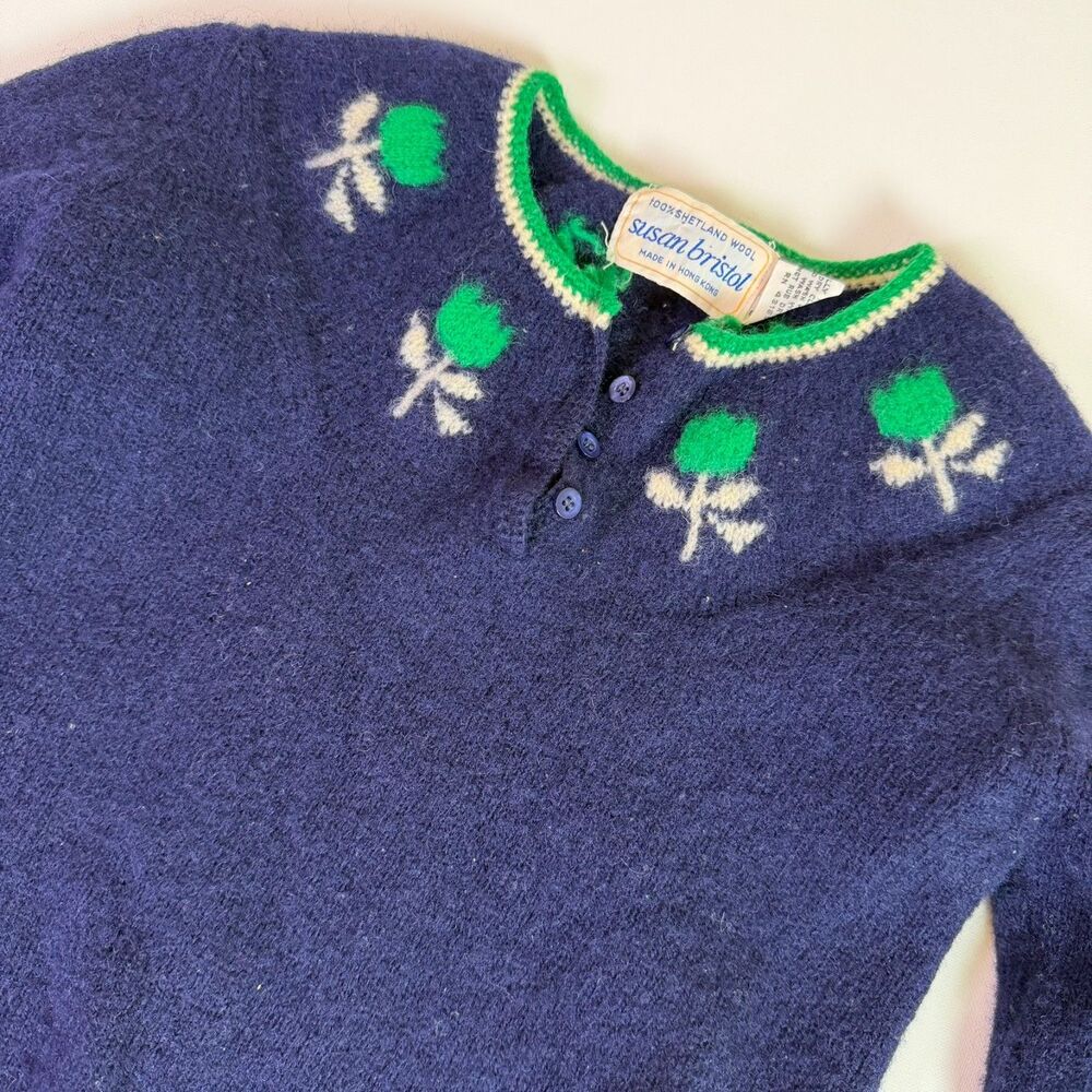 Vintage 80s Susan Bristol Shetland Wool Sweater Women's 34 Navy Twee Coquette
